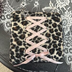 Heaven Sent Leopard Print Faux Fur Wallet with Pink Ribbon Lace-Up